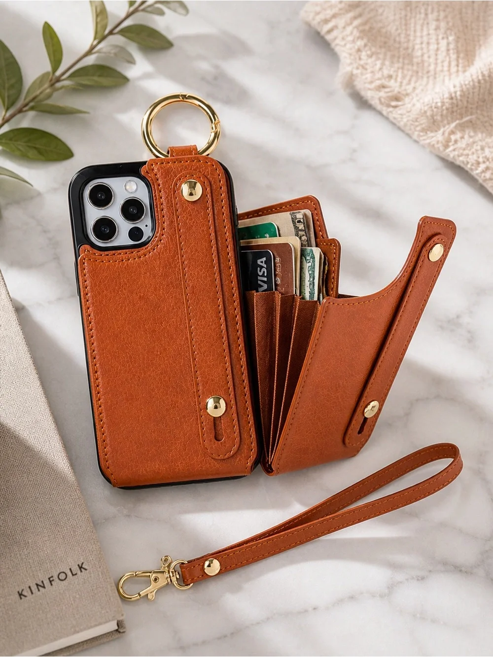 iPhone 12/12 Pro Wallet Case Brown Card Holder Wrist Strap Faux Leather
